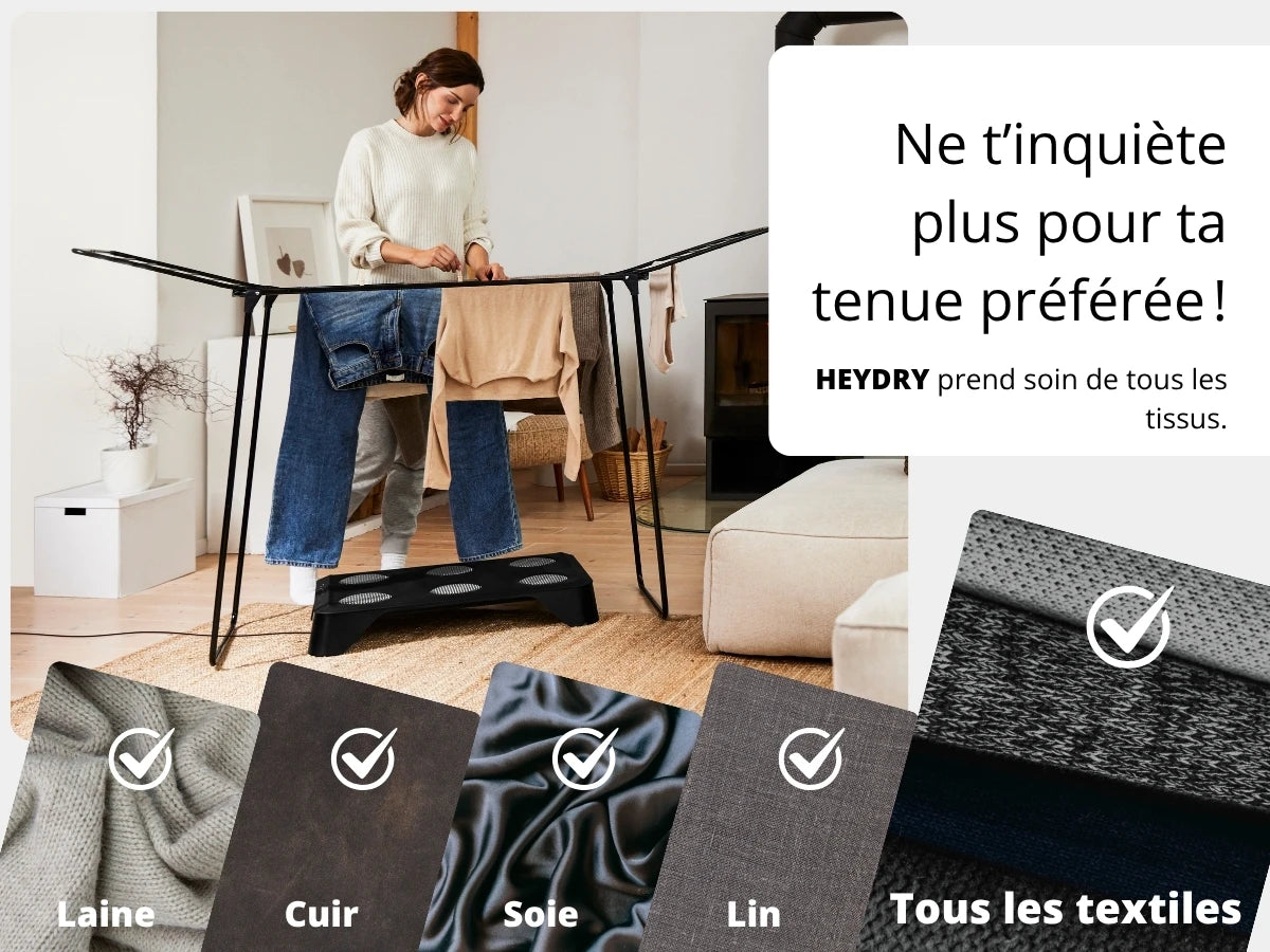 Couple heureux à côté de leur HEYDRY pour un séchage rapide et délicat des vêtements