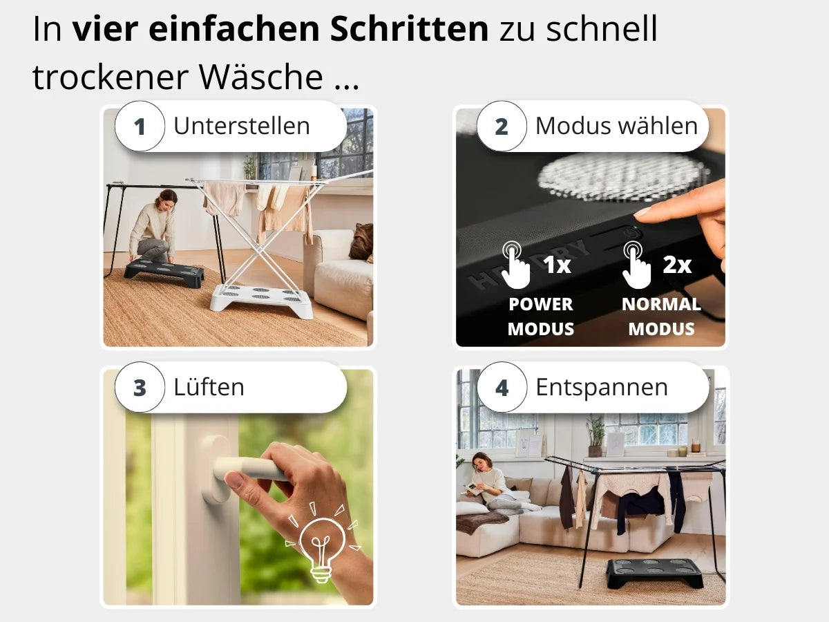 Einfache Anwendung: HEYDRY unter Wäscheständer stellen, Modus auswählen, lüften, entspannen. Einfacher geht's nicht.