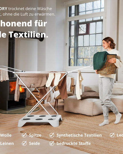 Der HEYDRY Trockner ist für jeder Wäsche und alle Textilien geeignet. Wolle, Leder, bedruckte Stoffe oder Seide werden besonders schonend getrocknet.