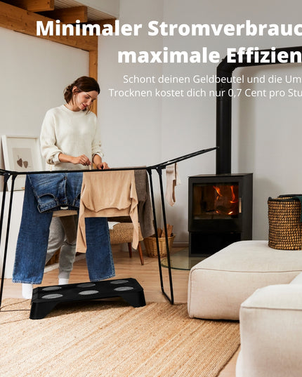 Der HEYDRY Wäschetrockner verbraucht nur 0,7 Cent Strom pro Stunde und ist damit besonders energieeffizient im Vergleich zum Kondenstrockner oder Ablufttrockner.
