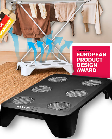 HEYDRY Wäschetrockner für Wäscheständer, ausgezeichnet mit dem European Product Design Award 2024, trocknet deine Wäsche bis zu 50% schneller. Made in Germany. Jetzt im HEYDRY Shop!