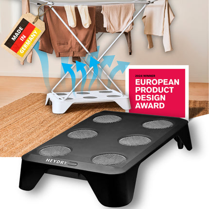 HEYDRY Wäschetrockner für Wäscheständer, ausgezeichnet mit dem European Product Design Award 2024, trocknet deine Wäsche bis zu 50% schneller. Made in Germany. Jetzt im HEYDRY Shop!